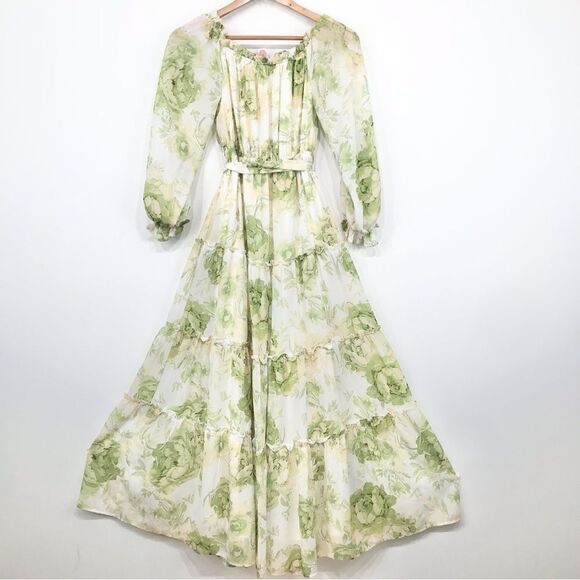 Flying Tomato Cream Green Floral Off Shoulder Flowy Tiered Belted Maxi Dress - Picture 12 of 16